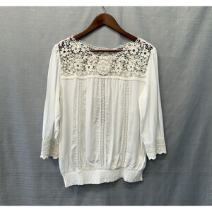 Solitaire Crochet Blouse Top Womens Size L Ivory Lace Smocked Cottagecore Boho